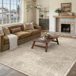 HUGEAR 8x10 Machine Washable Area Rugs Vintage Beige - Neutral Living Room Bedroom Rug Non Slip Stain Resistant Low Pile Aesthetic Throw Carpet Kids & Pet Friendly