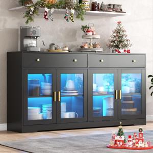 Sideboard Buffet Cabinet with LED Lights, 55.1 Storage Cabinet with 2 Large Drawers & 4 Glass Doors, Modern Kitchen Display Cabi