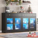 Sideboard Buffet Cabinet with LED Lights, 55.1 Storage Cabinet with 2 Large Drawers & 4 Glass Doors, Modern Kitchen Display Cabi