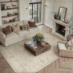 HUGEAR 8x10 Machine Washable Area Rugs Vintage Beige - Neutral Living Room Bedroom Rug Non Slip Stain Resistant Low Pile Aesthetic Throw Carpet Kids & Pet Friendly