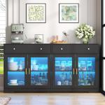 Sideboard Buffet Cabinet with LED Lights, 55.1 Storage Cabinet with 2 Large Drawers & 4 Glass Doors, Modern Kitchen Display Cabi