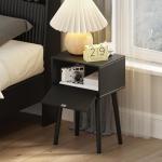 LAATOOREE Nightstands Set of 2, Small Side Table, Bedside Table with Fluted Door, Solid Wood Feet; Modern Mid-Century End Table for Bedroom, Small Space (Black)