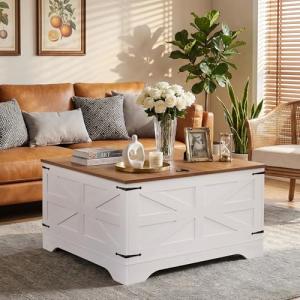 Korser Lift Top Coffee Table with Storage, 31.5" Farmhouse Square Coffee Tables for Living Room, Wood Center Table with Large Hidden Storage Compartment and Gas Strut Lift Top, White