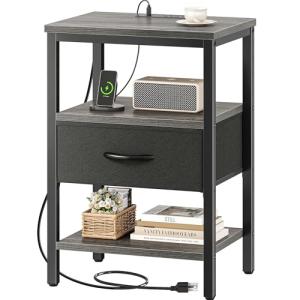 SUPERJARE Nightstand with Charging Station, Bed Side Table with Adjustable Fabric Drawer, Night Stand for Bedroom, 3-Tier Storage End Table, for Living Room, Charcoal Gray
