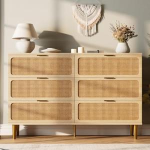 GarveeHome Rattan 6 Drawer Dresser for Bedroom, Large Double Dresser with Deep Drawers, Wooden Chest of Drawers for Closet with Wide Top, for Living Room, Hallway, Kids Room, Natural