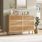 GarveeHome Rattan 6 Drawer Dresser for Bedroom, Large Double Dresser with Deep Drawers, Wooden Chest of Drawers for Closet with Wide Top, for Living Room, Hallway, Kids Room, Natural