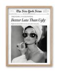 iHery Natural OAK Wood Audrey Hepburn Newspaper Trendy Framed Wall Art, 12x16 in Vintage Headline Canvas Bedroom Wall Decor, Better Late Than Ugly,Bathroom Artwork Apartment Girly Dorm Room 1Pack