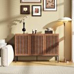 BVIUNTWO Buffet Cabinet, Modern Credenza Storage Cabinet with Adjustable Shelves and Metal Base, 47 Inch Wood Multifunctional Console Table for Kitchen, Living Room, Entryway, Brown