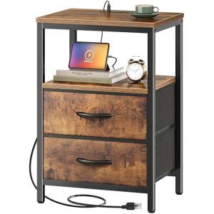 Huuger Nightstand with Charging Station, Fabric Drawers, End Table with Open Shelf, Bedside Table with USB Ports and Outlets, Night Stand for Bedroom, Rustic Brown