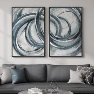 Framed Blue Gray Abstract Wall Art Set of 2, Modern Minimalist Circle Line Canvas Artwork for Walls, Contemporary Abstract Paintings Prints for Living Room Bedroom Office Hallway Wall Decor, 24x36 In