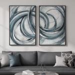 Framed Blue Gray Abstract Wall Art Set of 2, Modern Minimalist Circle Line Canvas Artwork for Walls, Contemporary Abstract Paintings Prints for Living Room Bedroom Office Hallway Wall Decor, 24x36 In