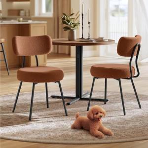VASAGLE Boucle Dining Chairs Set of 2, Upholstered Kitchen Dining Room Chairs with Curved Backrest and Steel Frame, Modern Mid Century, Round, for Vanity, Living Room, Coffee Brown UKDC110K01