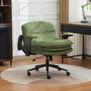 UMBFUN Criss Cross Chair with Flip-up Arms, Wide Criss Legged Chair with 3 Layer Cushion, Ergonomic Office Desk Chair with Wheels, Swivel Vanity Chair for Office, Living Room, Bedroom, Chenille Green