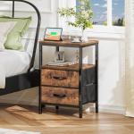 Huuger Nightstand with Charging Station, Fabric Drawers, End Table with Open Shelf, Bedside Table with USB Ports and Outlets, Night Stand for Bedroom, Rustic Brown
