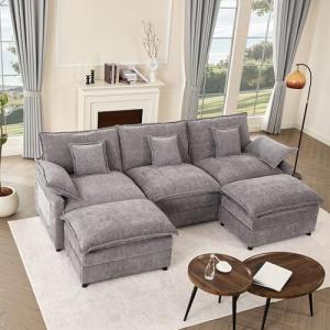 GOSUHI 108" U Shaped Couch, Modular Sectional Sofa, 3-Seater Comfy Cloud Couch with Movable Ottoman, Deep Seat Couches for Living Room, Chenille, Slate