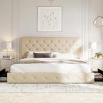 Allewie Upholstered King Size Platform Bed Frame with 4 Storage Drawers and Headboard, Diamond Stitched Button Tufted, Mattress Foundation with Wooden Slats Support, No Box Spring Needed, Beige