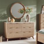 T4TREAM Fluted 6 Drawers Dresser, 54" Wide Modern Chest of Drawers with Faux Marble Top, Curved Profile Design, Dresser TV Stand, Wood Drawer Organizer for Bedroom, Living Room, Hallway, Natural Oak