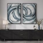 Framed Blue Gray Abstract Wall Art Set of 2, Modern Minimalist Circle Line Canvas Artwork for Walls, Contemporary Abstract Paintings Prints for Living Room Bedroom Office Hallway Wall Decor, 24x36 In