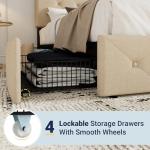 Allewie Upholstered King Size Platform Bed Frame with 4 Storage Drawers and Headboard, Diamond Stitched Button Tufted, Mattress Foundation with Wooden Slats Support, No Box Spring Needed, Beige