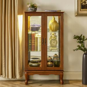 Display Cabinet with Adjustable Shelves Mirrored Back Panel Tempered Glass Doors Curio Cabinet Glass Display Cabinet for Home