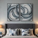 Framed Blue Gray Abstract Wall Art Set of 2, Modern Minimalist Circle Line Canvas Artwork for Walls, Contemporary Abstract Paintings Prints for Living Room Bedroom Office Hallway Wall Decor, 24x36 In