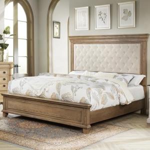 AMERLIFE 68.1" H King Size Bed Frame with Upholstered Headboard, Solid Wood Farmhouse Platform Bed, Architectural Design, No Box Spring Needed, Light Oak