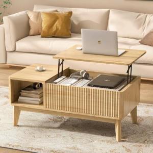 LYNCOHOME Fluted Lift Top Coffee Table with Storage, Modern Coffee Table for Living Room, Home Office(Natural)