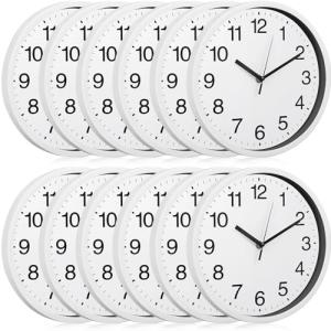 Inbagi 12 Pieces Silent Wall Clocks 10 Inches Quartz Analog Clocks Non Ticking Round Easy to Read Battery Operated for Classroom Office School Kitchen Bedroom Living Room Decorative