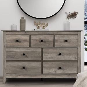 Vikiullf 7 Drawer Dresser - Wooden Bedroom Dressers, Grey Storage Drawers Cabinet for Bedroom, Living Room, Farmhouse Dresser Organizer, Rust Chest of Drawers