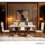 Linlimlam Luxury Dining Set: 6 Stainless Steel Genuine Leather Chair and Rectangle Marble Sea Shell Table kitchen room furniture