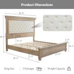 AMERLIFE 68.1" H King Size Bed Frame with Upholstered Headboard, Solid Wood Farmhouse Platform Bed, Architectural Design, No Box Spring Needed, Light Oak