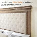 AMERLIFE 68.1" H King Size Bed Frame with Upholstered Headboard, Solid Wood Farmhouse Platform Bed, Architectural Design, No Box Spring Needed, Light Oak