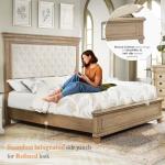 AMERLIFE 68.1" H King Size Bed Frame with Upholstered Headboard, Solid Wood Farmhouse Platform Bed, Architectural Design, No Box Spring Needed, Light Oak