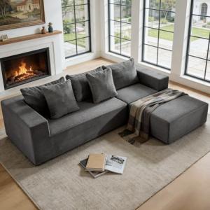 INGEROOM 108" Modular Cloud Sectional Couch with Deep Seat, Boneless Sofa with Movable Ottoman, Plush Corduroy Memory Foam Couch for Living Room, No Assembly, Dark Gray