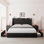 Feonase Upholstered King Size Bed Frame with 4 Storage Drawers, Large Wingback Headboard, No Box Spring Needed, Black