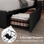 Feonase Upholstered King Size Bed Frame with 4 Storage Drawers, Large Wingback Headboard, No Box Spring Needed, Black