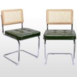 Zesthouse Natural Rattan Dining Chairs Set of 2, Modern Dining Room Chairs with Solid Wood Back for Kitchen Living Room, Mid Century Breuer Design Inspired, Upholstered Faux Leather Green