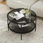 Yusong Round Glass Coffee Tables for Living Room, 2-Tier Circle Coffee Table with Storage, 26" Modern Center Accent Table with Light Black Glass, Small End Table for Small Space, Bedroom