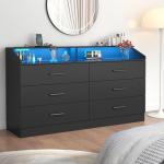 Gyfimoie 6 Drawer Dresser for Bedroom with Charging Station, Dresser with LED Light, Chest of Drawers for Closet, Modern Dressers with Open Storage Cubby, Double Wide Dressers (Black-, 6 Drawers)