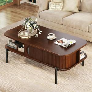 Coffee Table, 39.4" Mid Century Modern Coffee Tables for Living Room, Coffee Table with Storage Open Shelf, Fluted Table with Sliding Cabinet Door, 2-Tier Rustic Wood Desktop, Walnut
