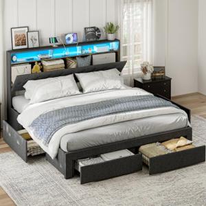 IKIFLY California King Bed Frames with Charging Station & Storage Headboard, Upholstered Linen Button Tufted LED Platform Bed with 4 Drawers, Solid Wood Slats, No Box Spring Needed, Dark Grey