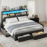 IKIFLY California King Bed Frames with Charging Station & Storage Headboard, Upholstered Linen Button Tufted LED Platform Bed with 4 Drawers, Solid Wood Slats, No Box Spring Needed, Dark Grey