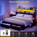 IKIFLY California King Bed Frames with Charging Station & Storage Headboard, Upholstered Linen Button Tufted LED Platform Bed with 4 Drawers, Solid Wood Slats, No Box Spring Needed, Dark Grey