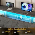 IKIFLY California King Bed Frames with Charging Station & Storage Headboard, Upholstered Linen Button Tufted LED Platform Bed with 4 Drawers, Solid Wood Slats, No Box Spring Needed, Dark Grey