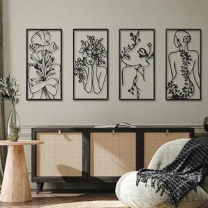 Cindeer 4 Pcs Metal Wall Art Decor Minimalist Abstract Woman Wall Art Line Drawing metal line art Home Hanging Art Decor for Bedroom Kitchen Bathroom Living Room(Fresh,Black)