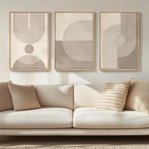 Framed Boho Neutral Abstract Wall Art for Living Room, 3 Piece Mid Century Modern Painting Prints, Minimalist Geometric Canvas Artwork for Dining Room Bedroom Hallway Office Wall Decor, 16x24 In