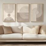 Framed Boho Neutral Abstract Wall Art for Living Room, 3 Piece Mid Century Modern Painting Prints, Minimalist Geometric Canvas Artwork for Dining Room Bedroom Hallway Office Wall Decor, 16x24 In