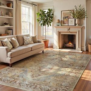 jinchan 8x10 Large Area Rug Vintage Washable Non-Slip Rug for Living Room Bedroom Dining Room Kitchen Home Office Thin Elegant Retro Lightweight Chenille Rug Warm Taupe
