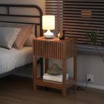 Nasonet Night Stand Set 2, Fluted Nightstand with Charging Station, Wood Bedside Table with Drawer & Storage Shelf, Modern End Tables for Bedroom Sofa Couch Office, Walnut