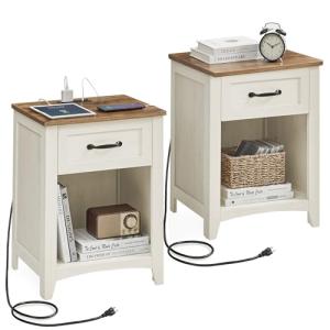 VASAGLE LIRY Collection - Farmhouse Nightstands with Charging Station, Set of 2 Bedside Tables, Side Tables with Drawer, Open Compartment, for Bedroom, Rustic White and Honey Brown ULET859K41